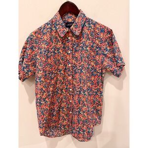 Liberty London Floral Short Sleeve Button Down Shirt Cotton Blue Orange US 8